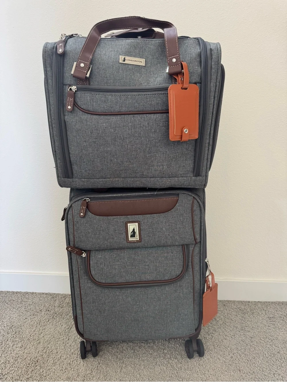 London Fog Gray Travel Luggage Set with Brown Trim - 2-Piece Spinner and Tote - Picture 4 of 8